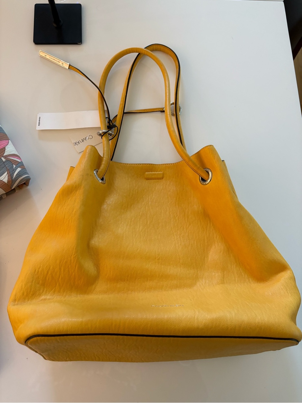 Calvin Klein Gabriella bubble bag  Mustard Leather Tote with Double Straps